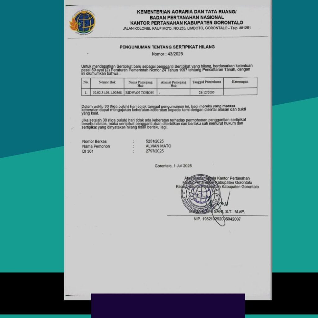 Pertanahan Kabupaten Gorontalo Umumkan Hilangnya Sertifikat Tanah Milik Ridwan Tohopi